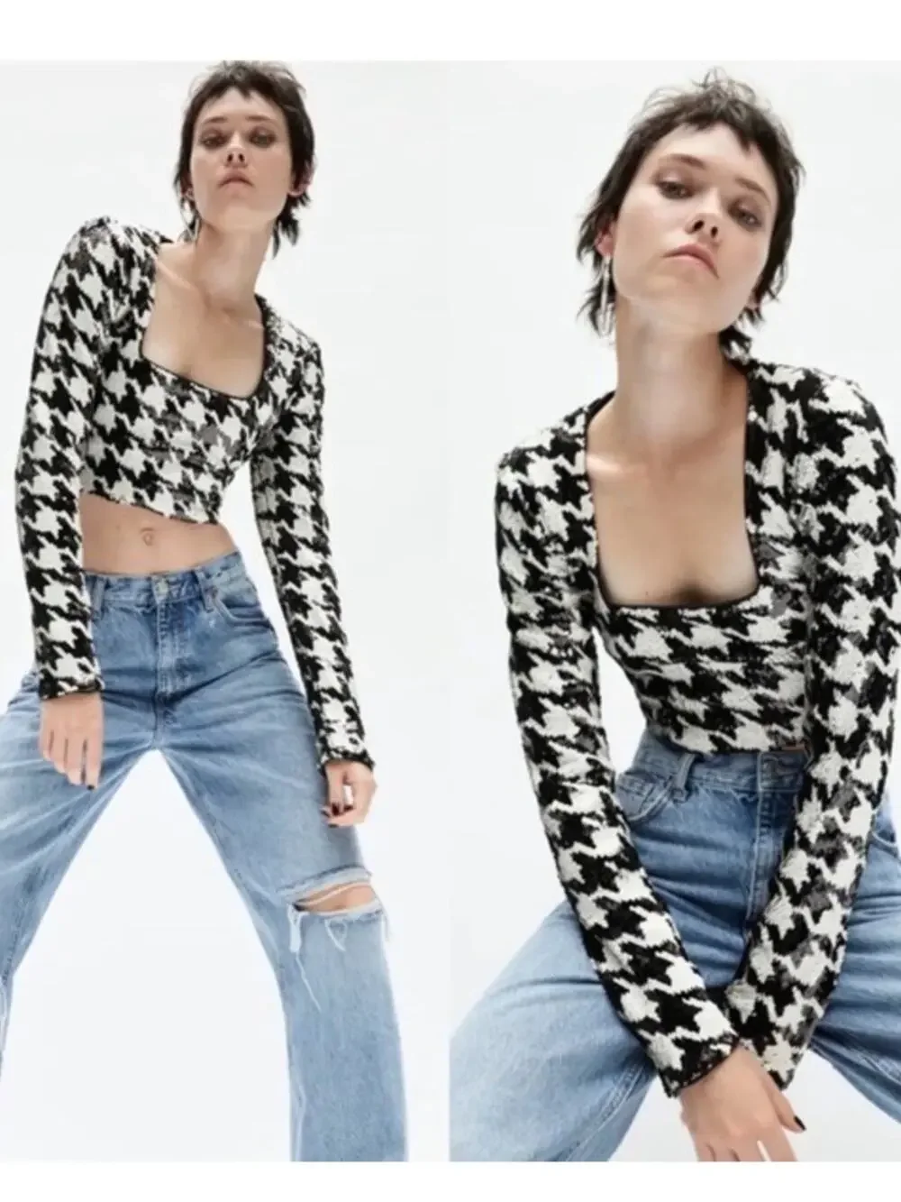 Zara Sequin Black White Houndstooth Square-Neck Crop Top size small